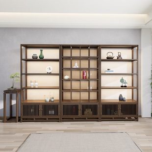 博古架实木展示架带灯光茶室置物架可定制榫卯结构书柜书架隔断柜