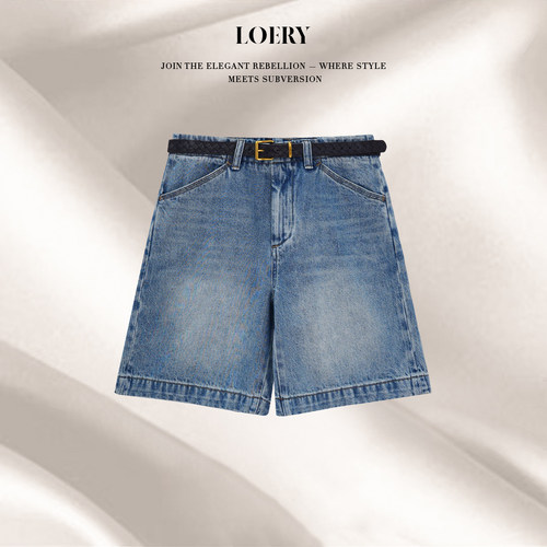LOERY【原单牛仔】美式水洗猫须纹设计高腰牛仔短裤121121