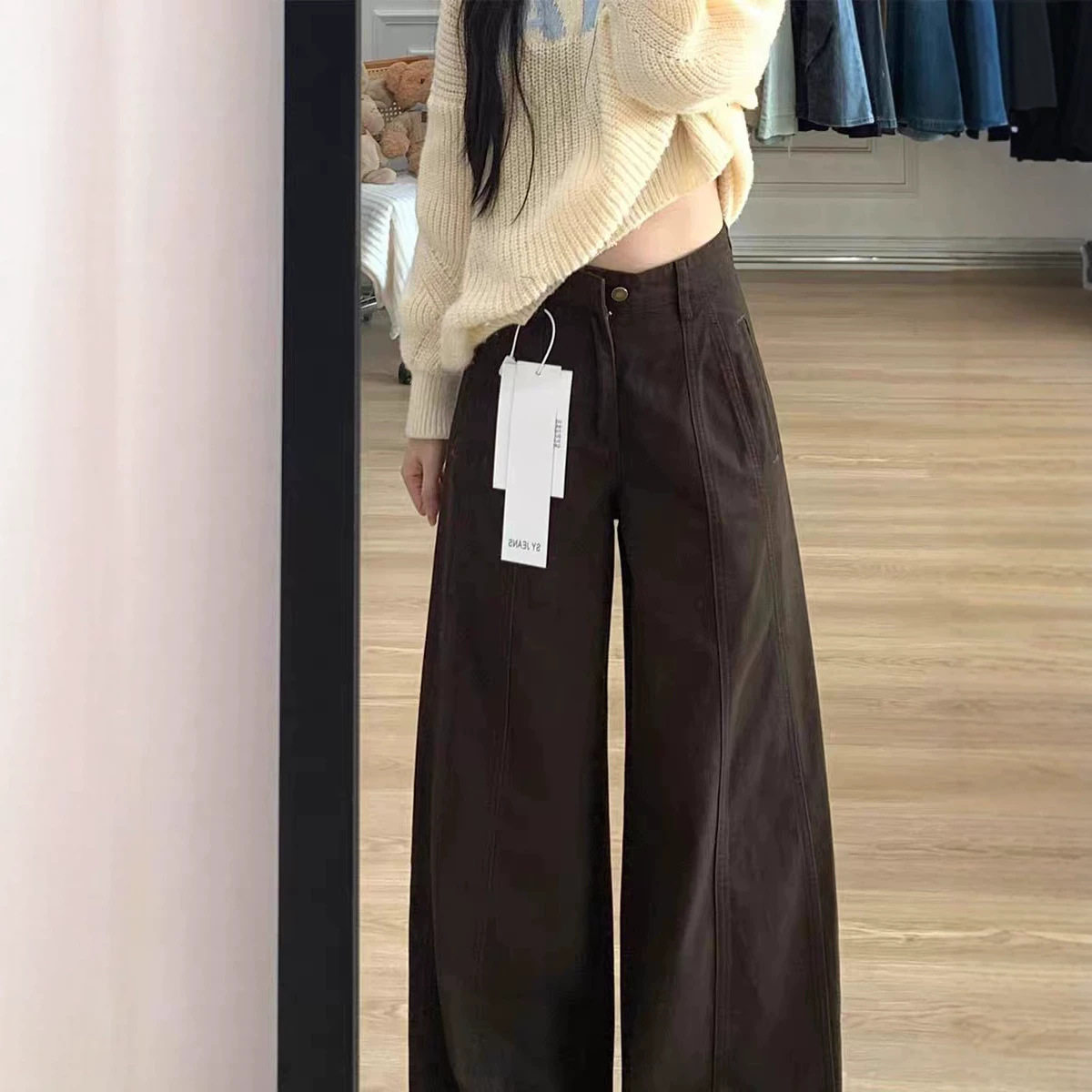 夏季牛仔裤女阔腿宽松高腰弯刀阔腿裤女牛仔梨形身材咖色裤子女款