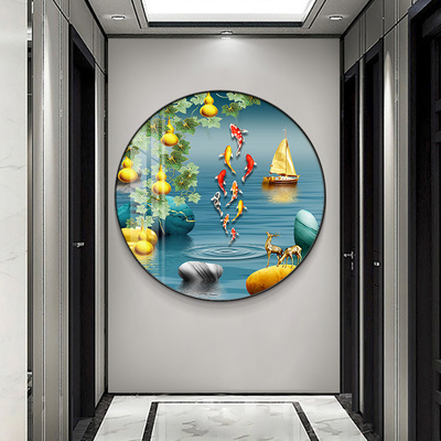 五福临门玄关装饰画圆形入户走廊挂画新中式客厅餐厅寓意好墙壁画