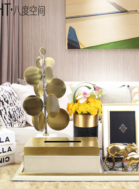 售楼部别墅样板间家居卖场装饰品摆设客厅托盘花艺纸巾盒摆件