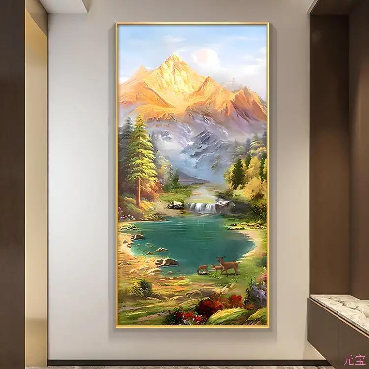 西墙聚财山水玄关装饰挂画背w景墙入户正对门青绿聚宝盆走廊尽头