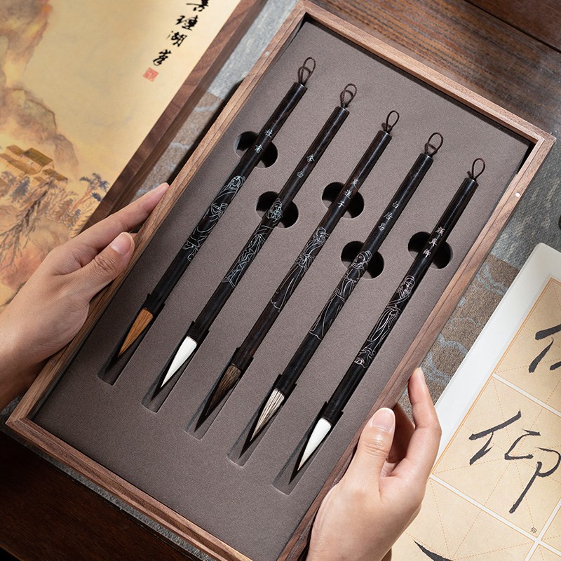 善琏湖笔 贤 嵌银丝毛笔级文房四宝套装狼毫兼毫湖州湖笔楷书行书