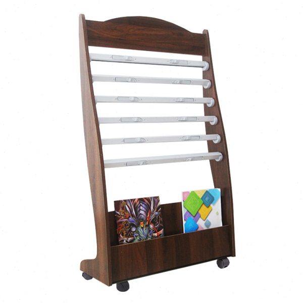简约办公室木质报刊架落地立式书报架胡桃色报纸架六根报夹带滑轮