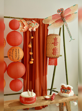 新年拍照道具古风纸灯笼元旦春节红色金鱼灯笼喜庆场景氛围感布置