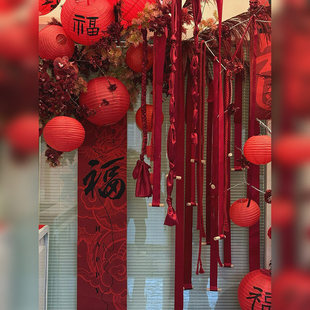 马年室内美陈装饰公司新年装饰红色丝带棉绳天花板吊挂饰DIY布置