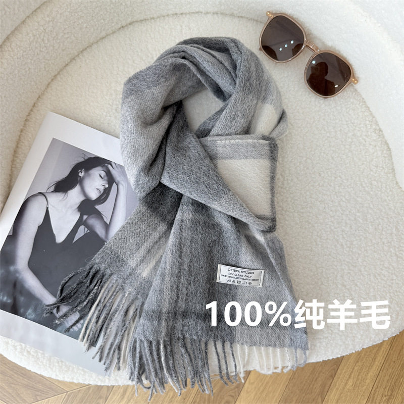 英伦100%纯羊毛围巾男女情侣红色格子高级感冬保暖礼盒装送礼围脖