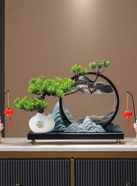 迎客松山水流沙画摆件创意新中式客厅办公室玄关柜装饰品乔迁礼物