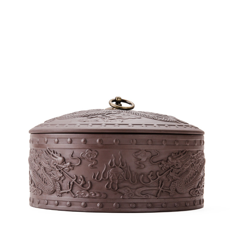 紫砂茶饼罐357g三饼装浮雕通用普洱茶叶罐陶瓷大号醒茶存储罐茶缸