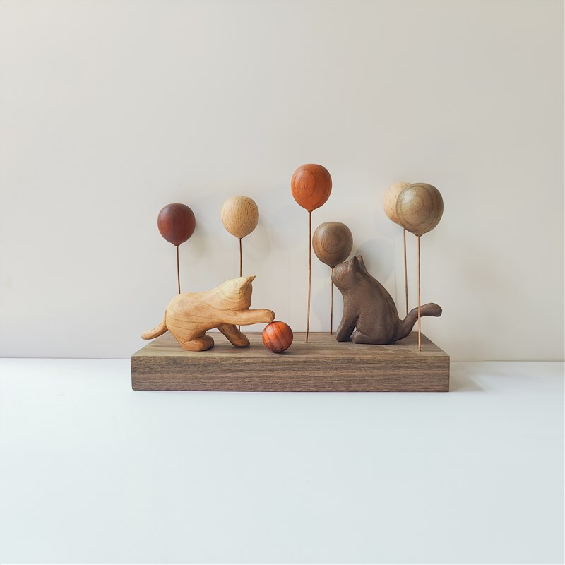 软萌系 实木气球 朦胧猫木制手作氛围K玄关车载装饰 桌面摆件
