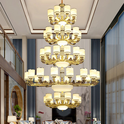 2023新中式别墅客厅中空大吊灯楼中楼挑空跃层大厅三四层楼梯灯具