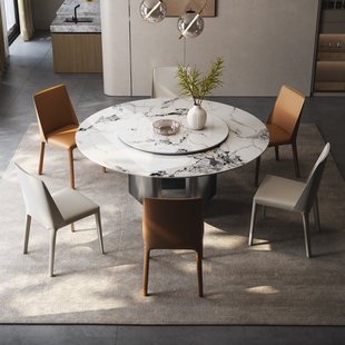 DEEVINCI圆形餐桌椅组合亮光岩板带转盘轻奢家用圆桌饭桌现代简约