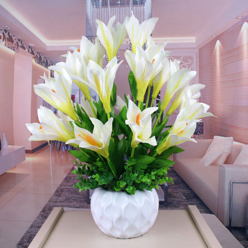 仿真花百合套装假花 客厅家居装饰花艺摆R放花卉盆栽 绢花