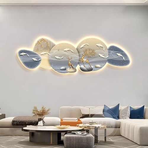 现代简约客厅装饰画2023新款九鱼图钟表挂画福禄沙发背景墙壁灯画