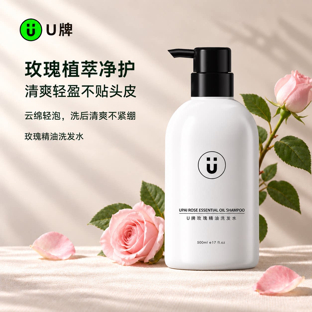 U牌玫瑰精油洗发水500ml控油去屑温和(无刺激)