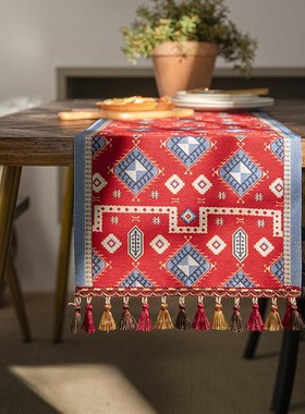 餐桌桌旗高级感提花红色节日撞色餐桌布艺茶几床旗V电视柜长条桌