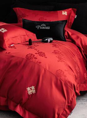 现代轻奢风高支新婚庆纯棉提花四件套婚嫁红色喜被结婚床上用品sj