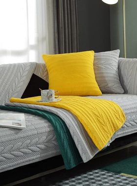 沙发垫四季防滑高档双面水洗棉纯色耐脏墨绿色亮黄灰色沙发套巾罩