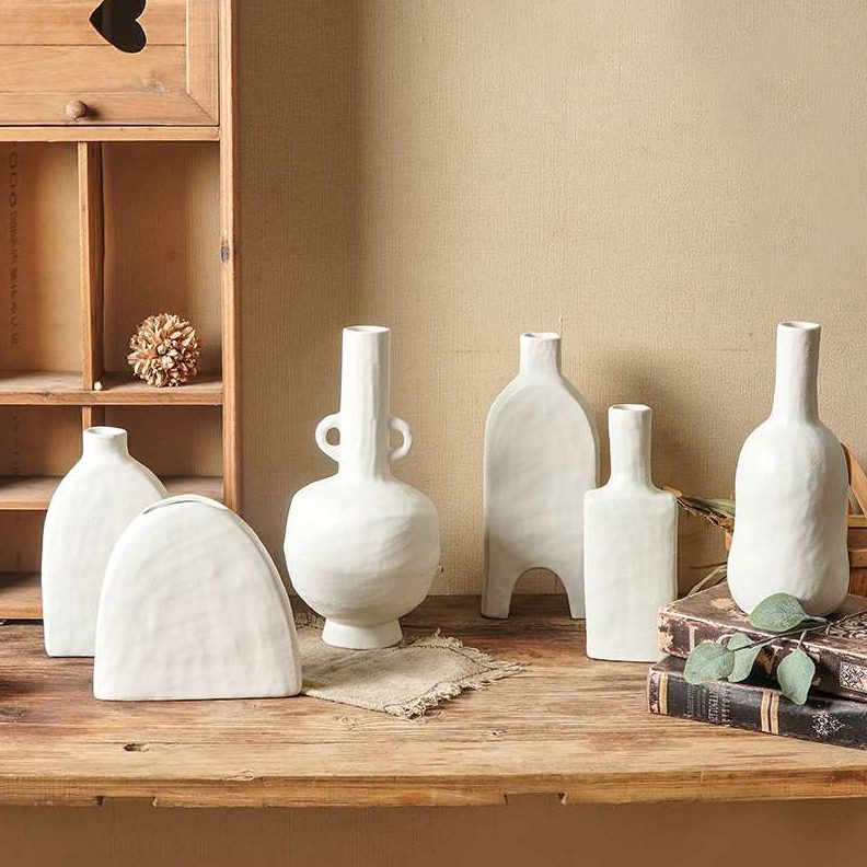 侘寂风白色抽象艺术陶瓷花器样板间民宿桌面装饰品手工粗陶罐摆件