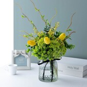 北欧绿枝假花塑料仿真花花艺客厅装 饰摆件花束餐桌透明玻璃花瓶