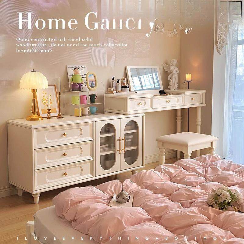 法式实木梳妆台斗柜一体奶油风白色化妆桌卧室床尾柜美式小户型