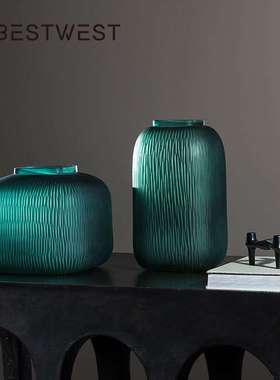 博西家居 孔雀绿刮痕玻璃花瓶创意轻奢绿色花器家居客厅软装摆件