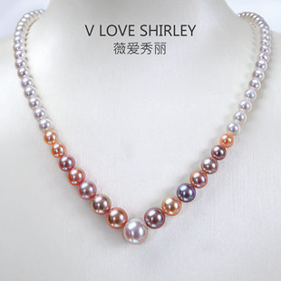 薇爱秀丽天然淡水珍珠项链多巴胺混彩糖果色渐变塔珠链正圆精品