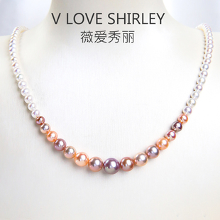 薇爱秀丽天然淡水珍珠项链多巴胺混彩糖果色渐变塔珠链近圆项链