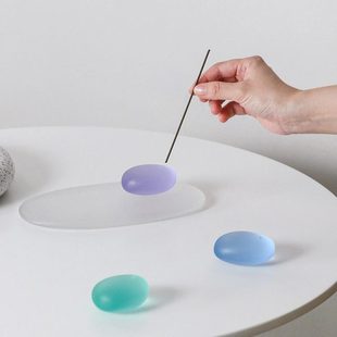 北欧风格 磨砂水琉璃玻璃鹅卵形状香插椭圆小托香座线香托盘摆件