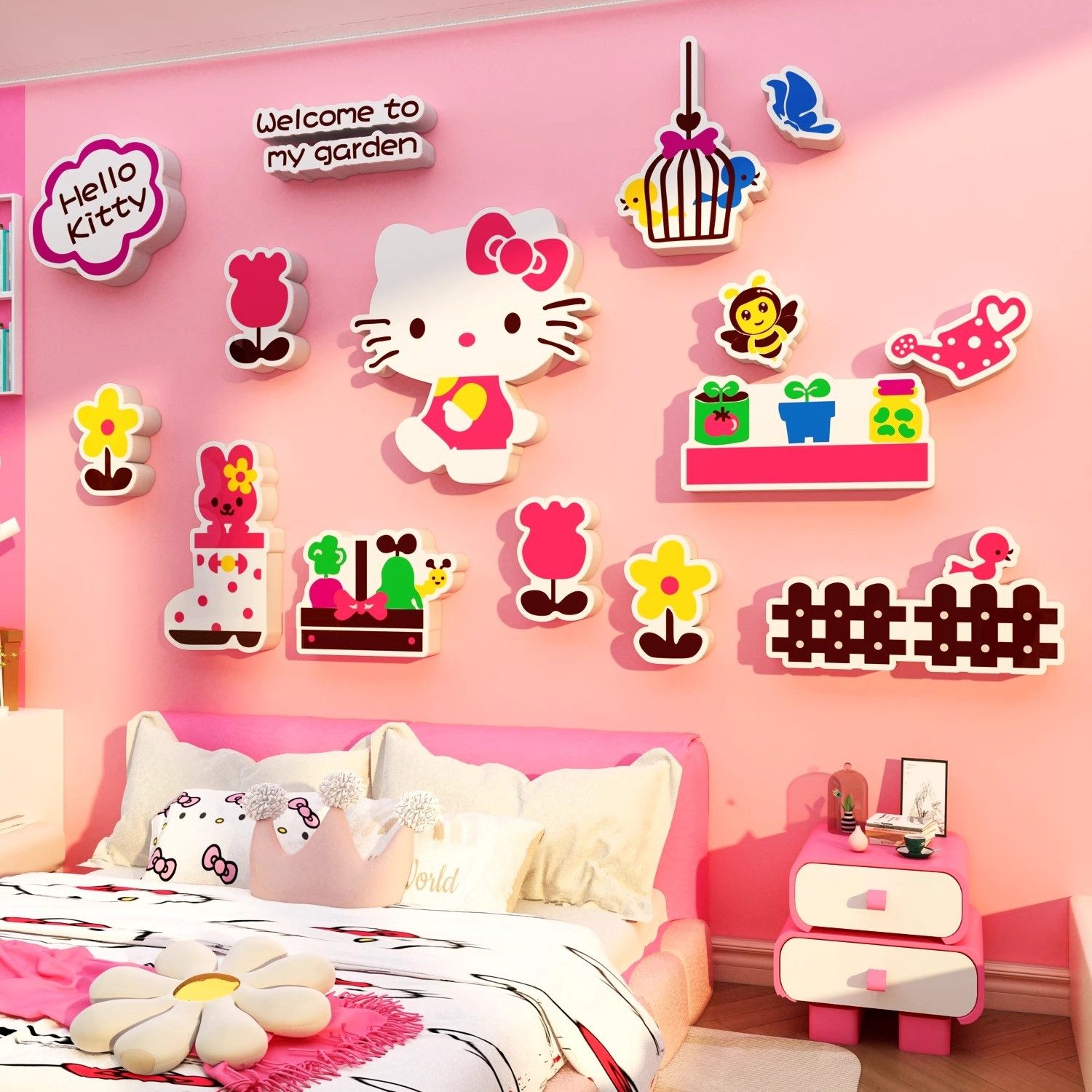 哈喽hellokitty猫墙面公主女宝卧室儿童房间布置装饰背景床头贴画