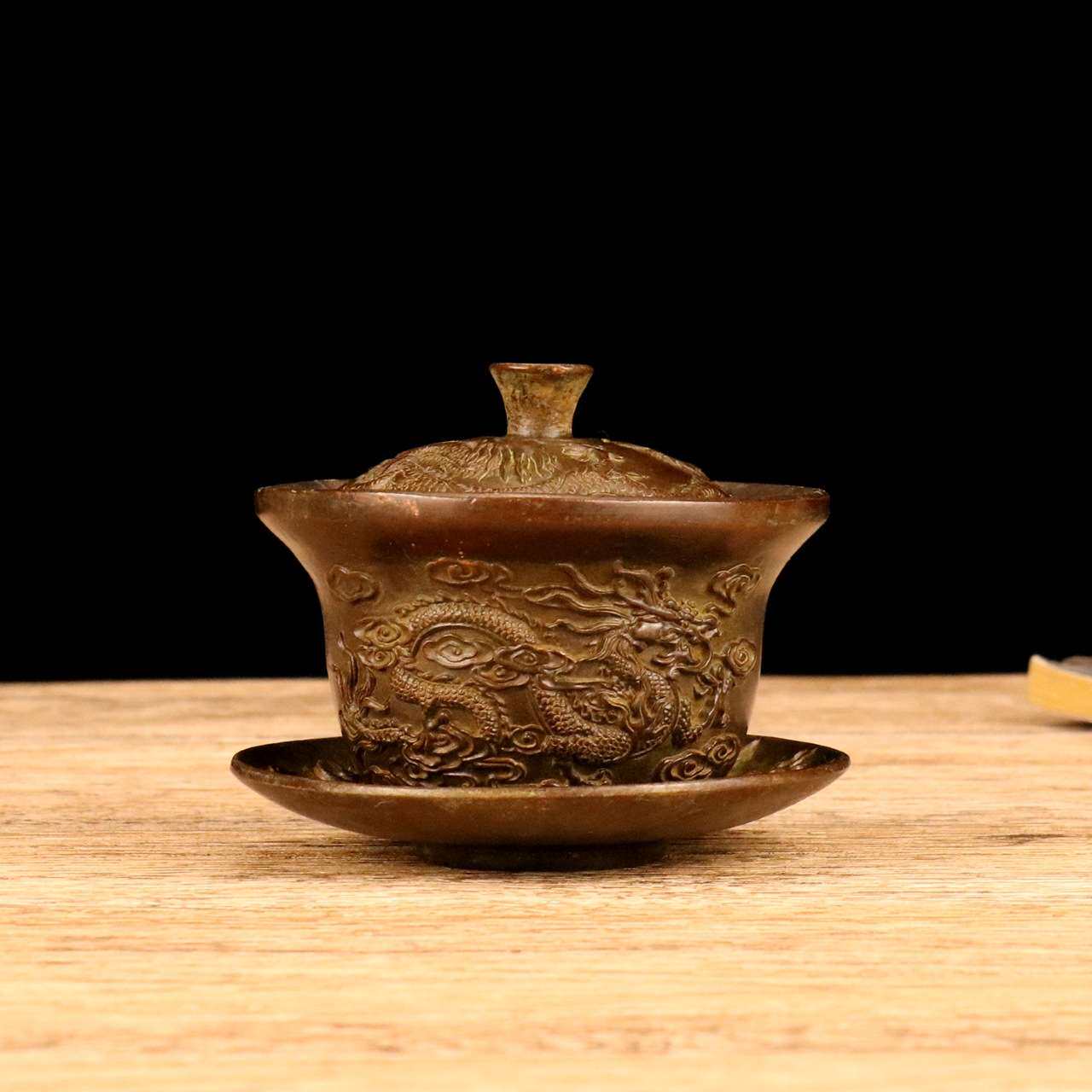 古玩收藏仿铜龙凤盖碗茶盅摆件做旧合金茶盖碗摆设工艺品