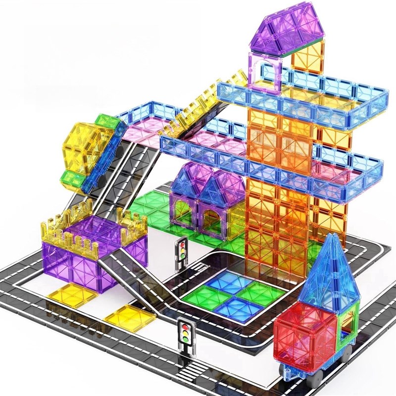 钻面磁力片磁铁城市交通建筑吊车道路高质量男女孩儿童节日礼物