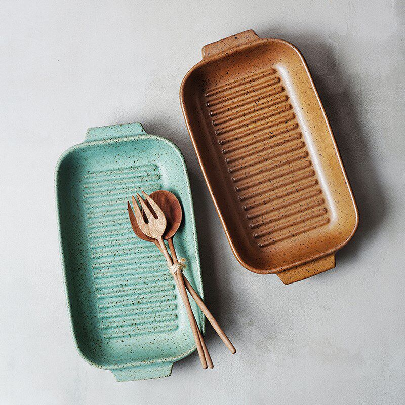 双耳烤盘手绘复古厨房烘焙盘子陶土日式餐厅寿司点心盘家用菜盘子