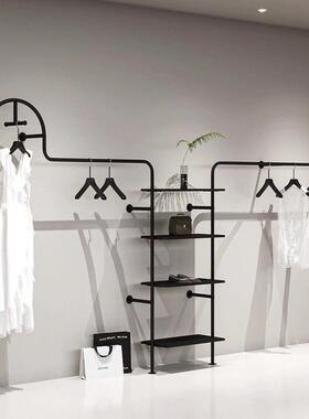 服装店黑色上墙展示架简约女装壁挂式铁艺侧挂衣服陈列置物挂衣架