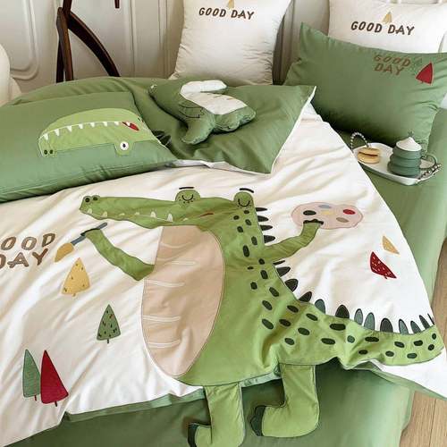 男孩儿童可爱纯棉刺绣床上四件套恐龙卡通全棉被套高档100S长绒棉