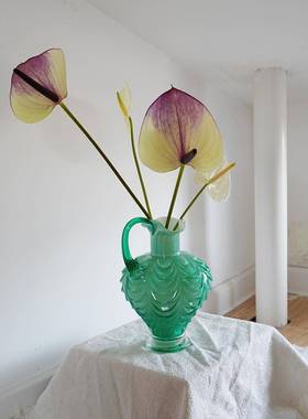 中古绿色帷幔单耳水升花瓶水罐家居装饰摆件