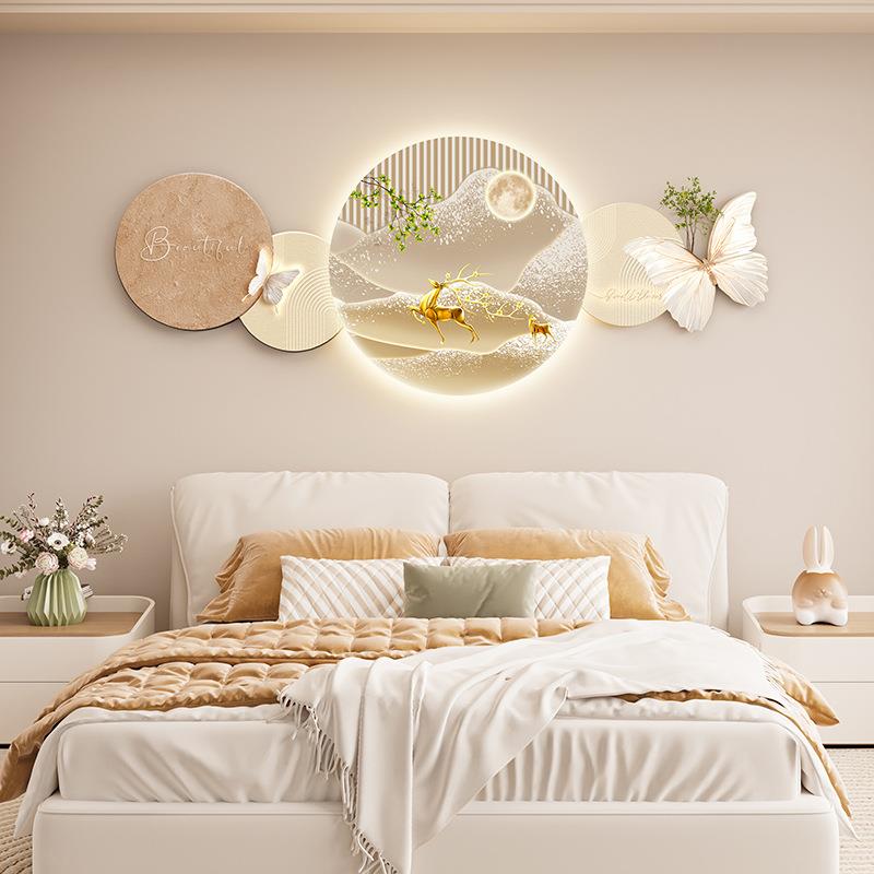 新款卧室床头奶油风LED发光装饰画壁画石来运转砂岩高级感墙挂画