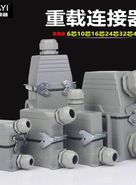 矩形重载连接器6/10/16/24/32/48高底座航空插头座HDC-HE