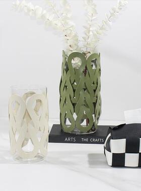 现代轻奢皮质编织纹直筒玻璃花瓶客厅餐厅桌面装饰花器软装饰品