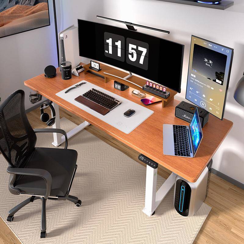 电动升降桌双电机实木电脑桌智能双人四立柱办公桌腿桌架