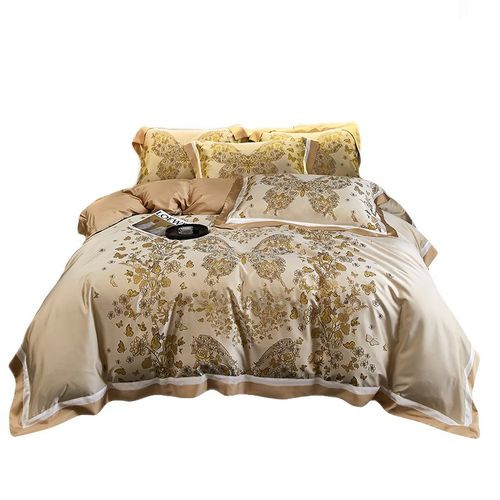 秋冬100支天丝磨毛色织提花拼角四件套欧式高端轻奢别墅风床盖款