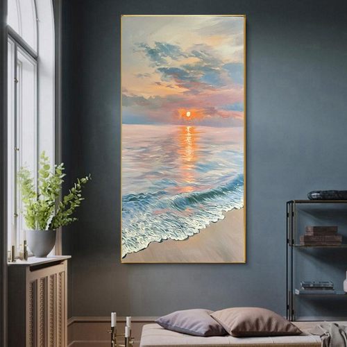 现代纯手绘油画大幅玄关入户竖版轻奢装饰画日出大海风景竖版壁画