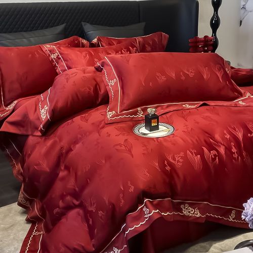 新中式结婚四件套红色全棉提花刺绣被套床单陪嫁婚庆床上用品床笠