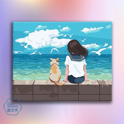 diy数字油画风景日出现代手工绘丙烯填色减压客厅油彩装饰画 灯塔