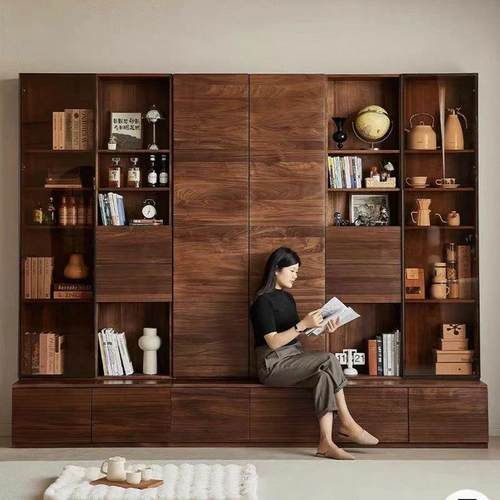 北欧全实木黑胡桃木客厅书柜储物柜一体整墙玻璃展示柜电视背景柜