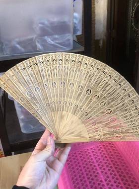 金丝楠木羽翎折扇扇子镂空雕古典中国折叠古风装饰品中式摆件