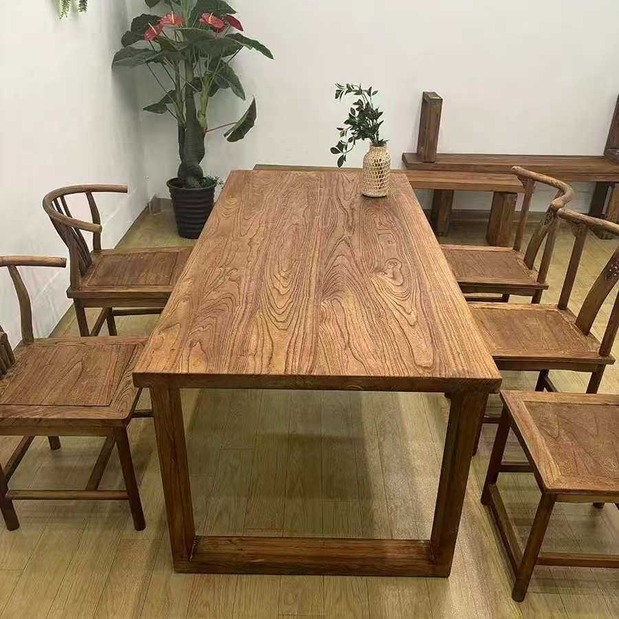 老榆木大板桌实木电脑桌办公桌子茶室喝茶桌子椅子组合厂家