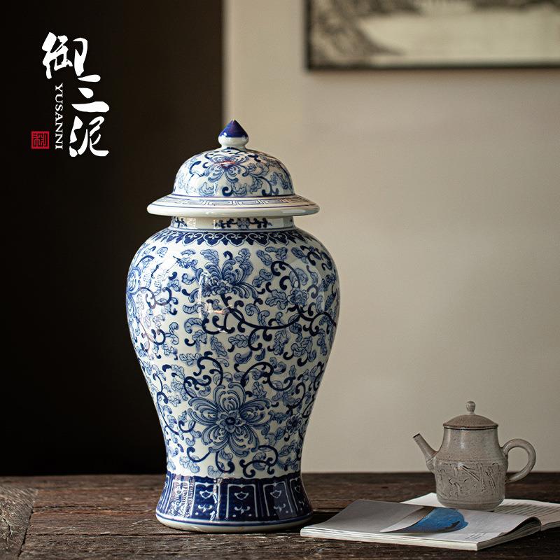 御三泥青花瓷新中式古典花瓶客厅摆件现代客厅手工高级感复古花器