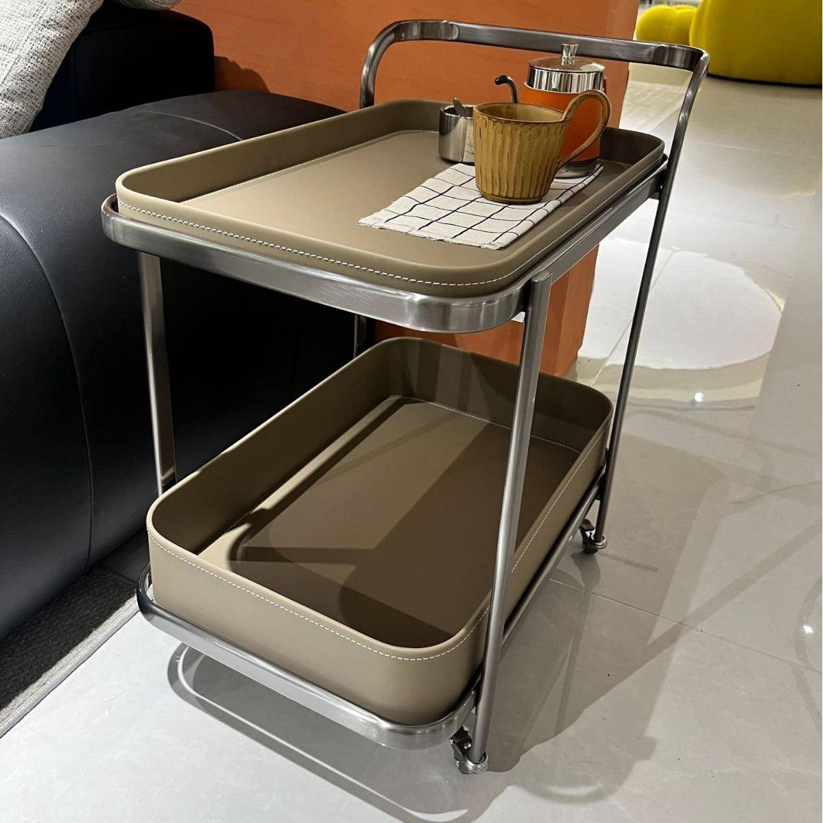 轻奢马鞍皮移动沙发边几小推车角机客厅家用角几床头柜带轮置物架