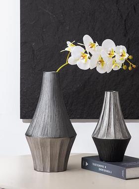 银灰色大号拉丝陶瓷花瓶别墅酒店卧室餐边柜装饰侘寂样板间摆件